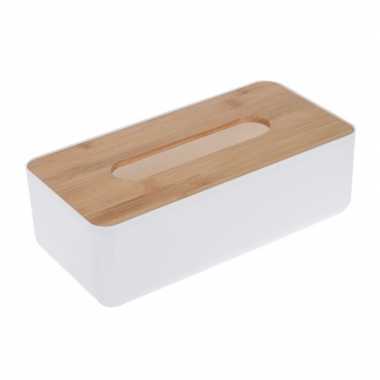 Tissuedoos/tissuebox rechthoekig kunststof bovenkant bamboe hout wit zakdoek