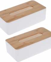 X tissuedoos tissuebox rechthoekig kunststof bovenkant bamboe hout wit zakdoek